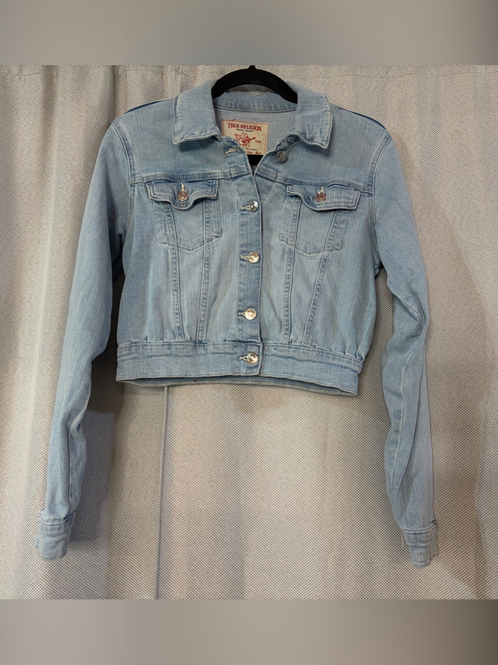 True Religion Light Blue Denim Jacket with Red Logo Patch